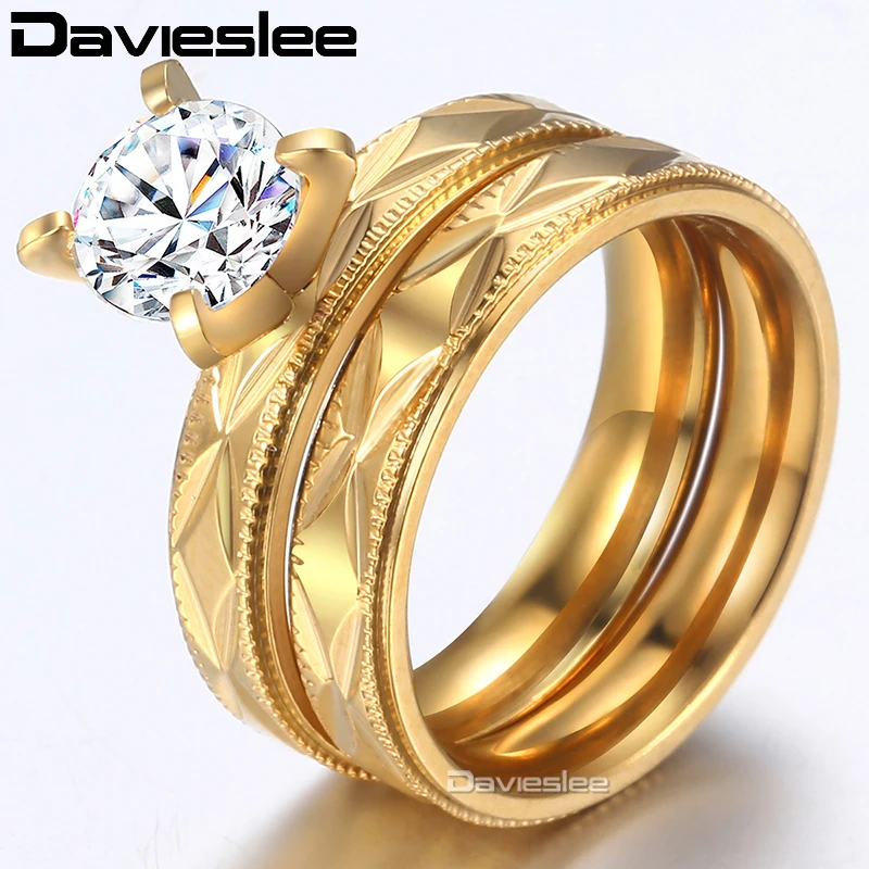 Davieslee Wedding Ring Set For Men Women Couple Promise Engagement Band Gold Tone Stainless Steel CZ Stone LKR139