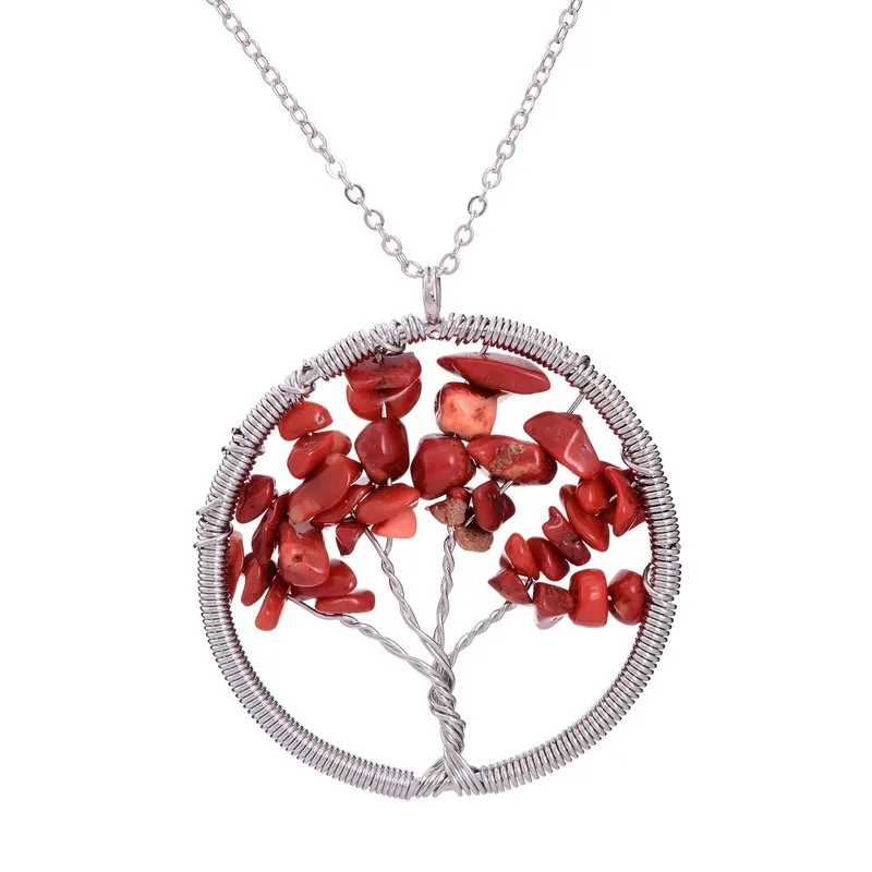7 чакра камень Древо жизни кулон ручной работы проволока обернутый натуральный кварц камень ожерелья Йога кулон для женщин подарок - Окраска металла: red Jasper