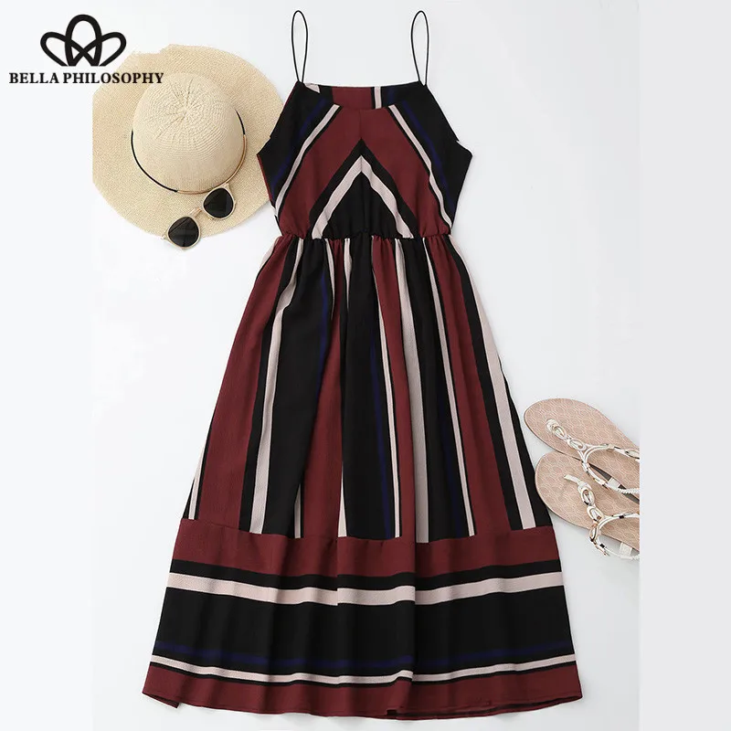 Wonder Casual Striped Beach Dress Women Sexy Sleeveless Spaghetti Strap Midi A Line Party Dress Sundress Vestidos 2019 new