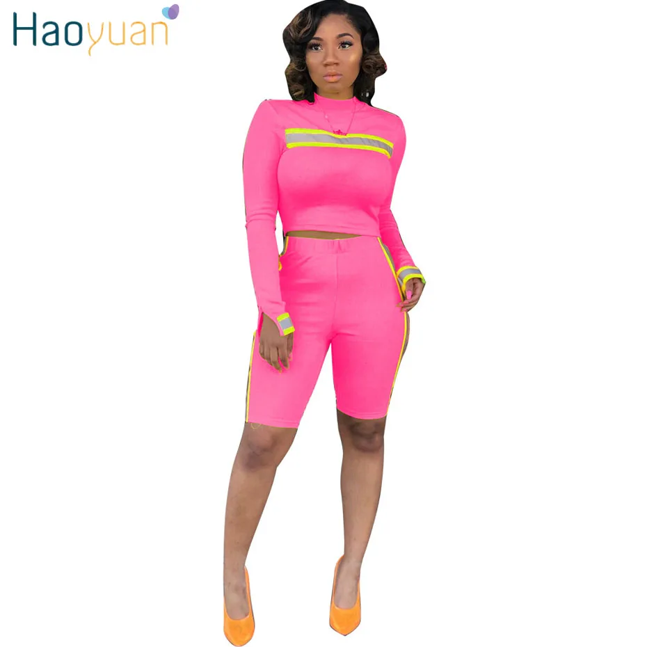 

HAOYUAN Striped Reflective Set Two Piece Club Outfits Tracksuit Women Top and Biker Shorts Sweat Suit Sexy 2 Piece Matching Sets