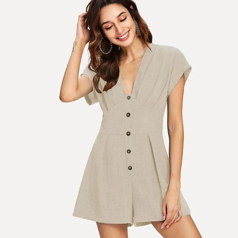 

Solid Deep V-neck Button Playsuit Women Casual Shorts Sleeve Loose Rompers Summer Ladies Fashion Simple Jumpsuits Multicolor New
