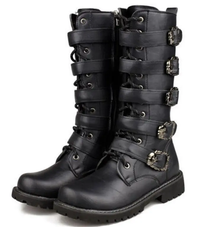 

Punk Rock Mens Black Goth Buckle Boots Large Size British Cowboy Shoes Low Heel Motorcycle Shoes C310