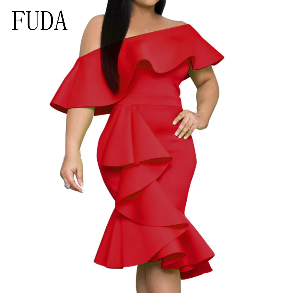 

FUDA Irregular Ruffles Sexy Off Shoulder Summer Dress Women Red Backless Bodycon Pencil Dress Elegant Strapless Party Dresses
