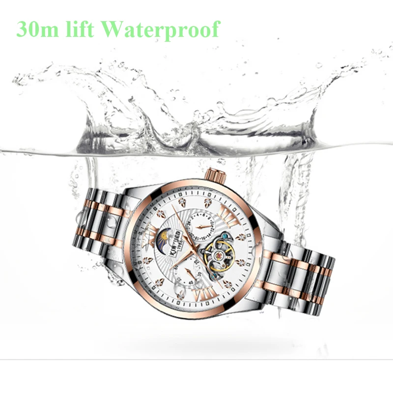 KINYUED جديد التلقائي العسكرية ووتش الرجال القمر المرحلة الذاتي الرياح للماء رجل ساعات آلية Tourbillion ل Montre لوكس أوم