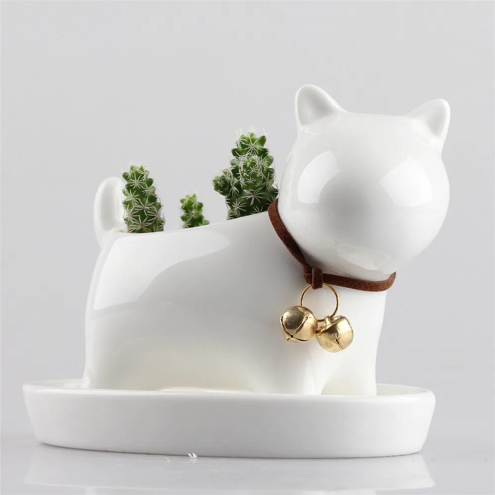 

Balcony Tabletop Decorative White Small Dog Ceramic Flowerpot Succulent Plant Planter Bonsai A Green Flower Pot With Bell Tray