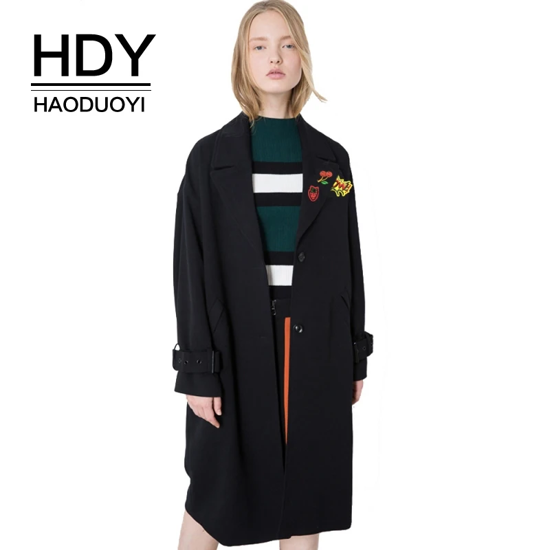 Женский Тренч HDY Haoduoyi черный свободный мягкий длинный однобортный теплая верхняя