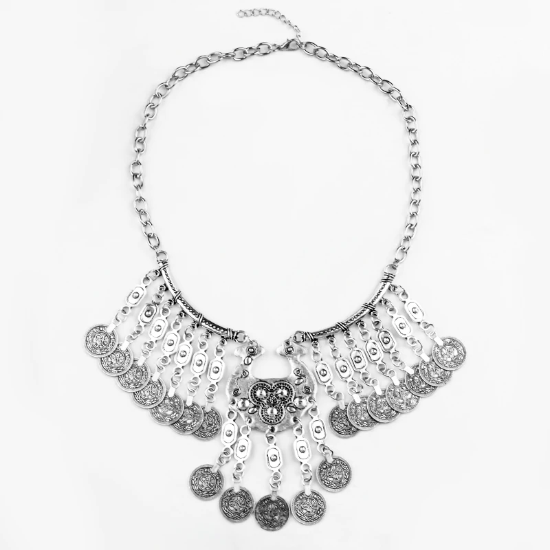 

SHUANGR Fashion choker Statement Bohemian tassel necklace bracelet Vintage Carved Coin gypsy ethnic Silver Women Jewelry
