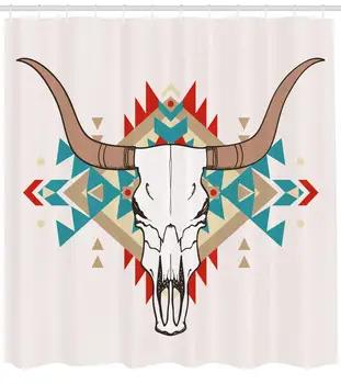 

Western Shower Curtain by Bull Skull Ethnic Ornament Tribal Geometric Aztec Style Fabric Bathroom Set Long Warm Taupe Red Blue