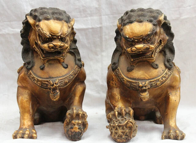 

xd 003420 10" Chinese Fengshui Bronze Door Fu Foo Dog Guardion Lion Play Ball Statue Pair