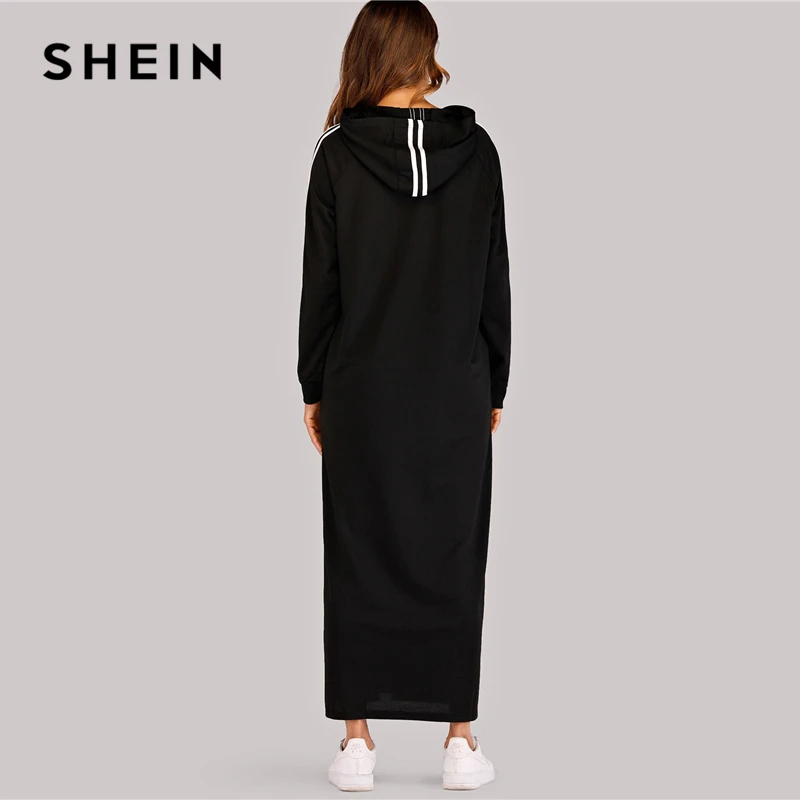 SHEIN черная полосатая лента на молнии Толстовка платье для женщин осень длинный рукав досуг повседневные Прямые длинные платья