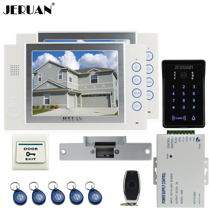 JERUAN Wired 8`` video doorphone Record intercom system kit 2 monitor New RFID waterproof Touch Key password keypad Camera 8G SD