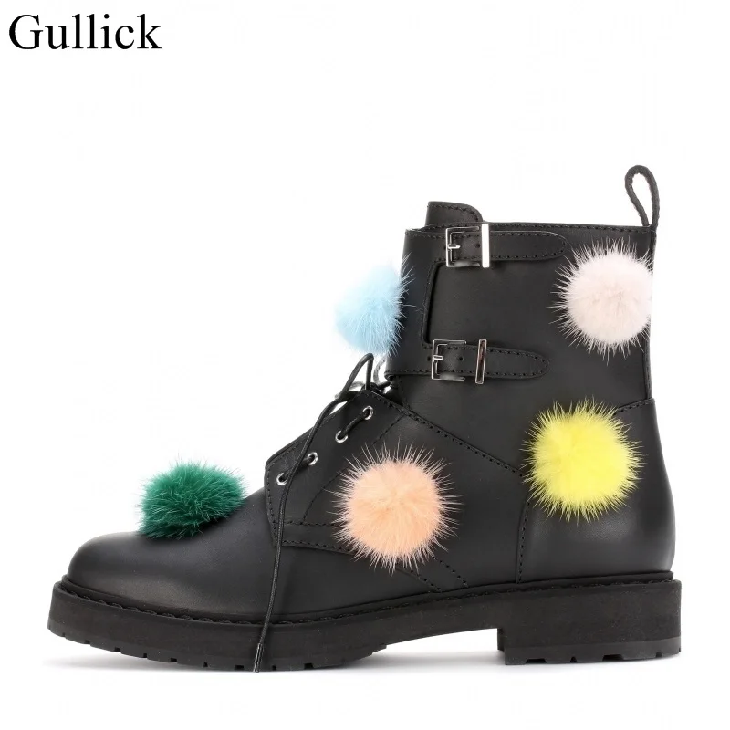 

Luxury Pom Pom Decor Ankle Boots Lace-up Black Leather Ankle Strap Buckle Round Toe Ridding Boots Flats Women Motorcycle Boots