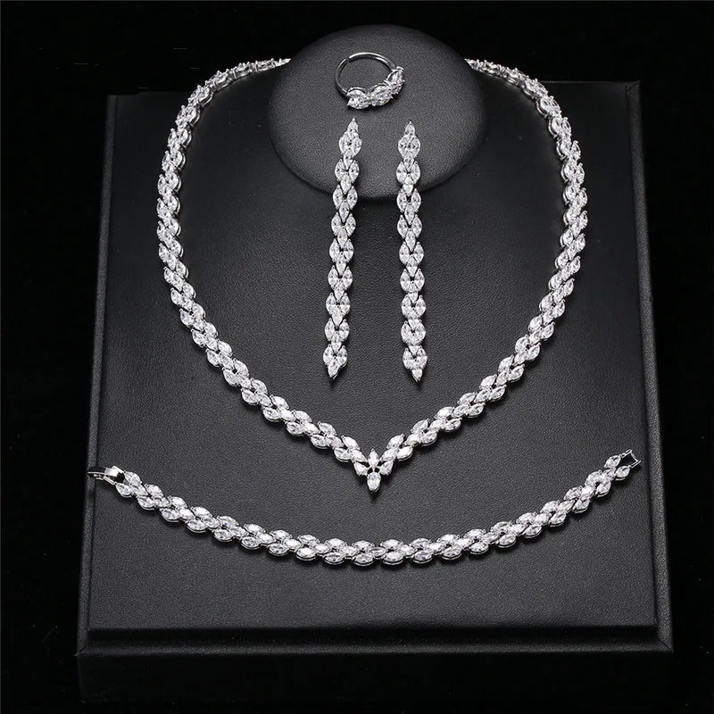 Hot Sale Bride Jewelry Set long Tassel Earring Necklace Bracelet Ring Full Sparking Cubic Zircon For Wedding Accessories | Украшения и