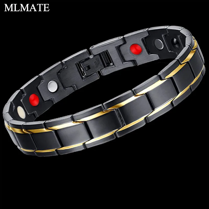 Men's Women's Healing Magnetic Bracelet 316L Stainless Steel Health Care Elements(Magnetic, FIR, Germanium) Bangle Hand Chain - Окраска металла: Black