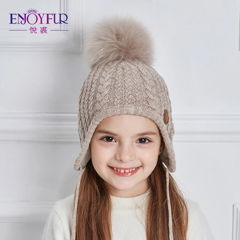 ENJOYFUR от 2 до 8 лет, детская шапка, детские зимние шапки для девочек и мальчиков, хлопковая плотная теплая вязаная шапочка с ушками, шапка с помпоном из лисьего меха - Цвет: 07F