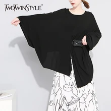 TWOTWINSTYLE, женская футболка с разрезом, с круглым вырезом, с рукавом летучая мышь, негабаритные, нестандартные футболки, Топ для женщин,, Весенняя мода для женщин, новинка