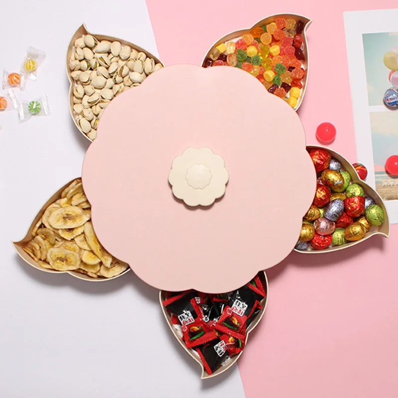 

Creative Flower Petal Fruit Plate Candy Storage Box 5 Grids Nuts Snack Tray Rotating Flowers Food Gift Box for Party Wedding