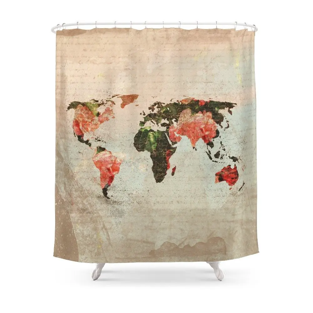 Vintage World Map Shower Curtain Waterproof Polyester Fabric Bathroom
