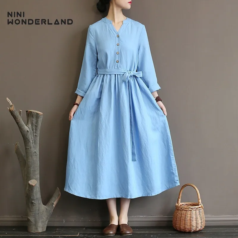 Женское длинное платье NINI WONDERLAND на шнурках из льна и хлопка большого размера