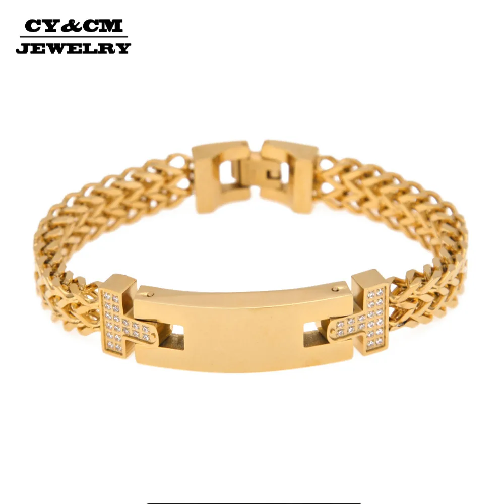 CY& CM 10 мм мужские браслеты из нержавеющей стали Франко звено цепи микро украшенное кубическими камнями Циркон T Форма браслет золото серебро панк ювелирные изделия