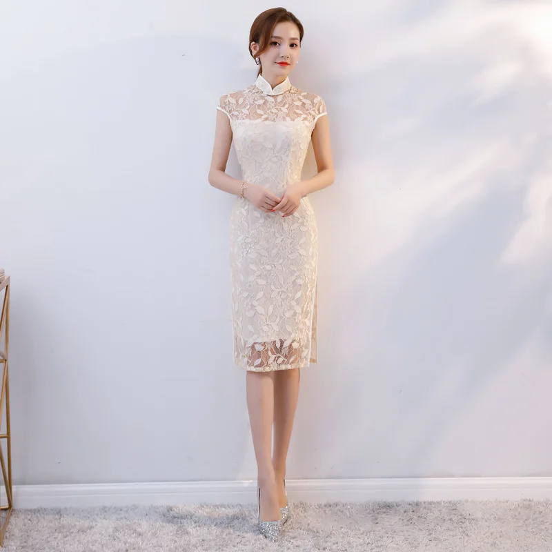 Стильное женское кружевное платье Cheongsam в китайском стиле, воротник-стойка, длина до колена, женское платье, Qipao, тонкие вечерние платья, Vestido - Цвет: white