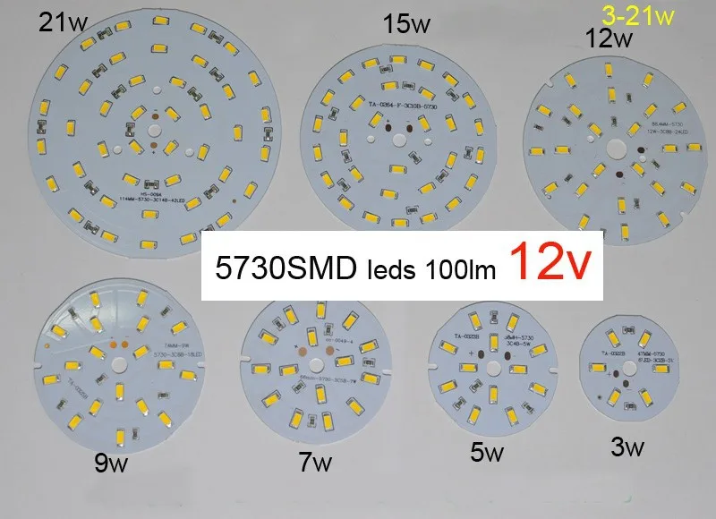 Супер яркий SMD5730 PCB 12 В 100лм/Вт лампа 3 Вт 5 Вт 7 Вт 9 Вт 12 Вт 15 Вт 21 Вт светодиодные лампы белый/теплый белый для кемпинга/домашнего освещения 10 шт./лот