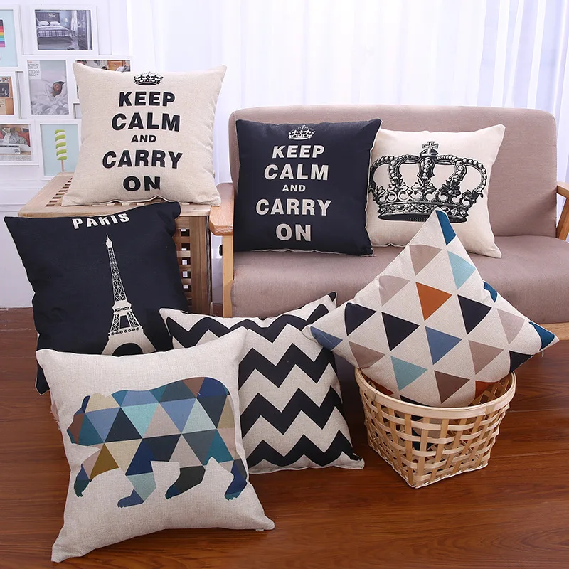 

Decorative throw pillows case keep calm Crown cushion covers geometric wave bear cotton linen office chair back cover 45x45cm