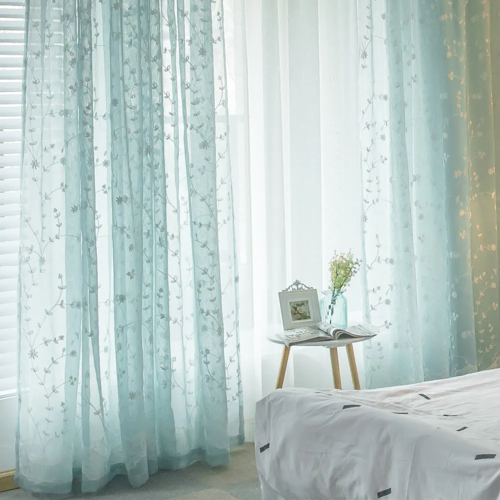 

Customized Sheer Curtain Korean Embroidered Blue Tulle Curtain Finished Curtains for Living Room Window Curtains for Bedroom