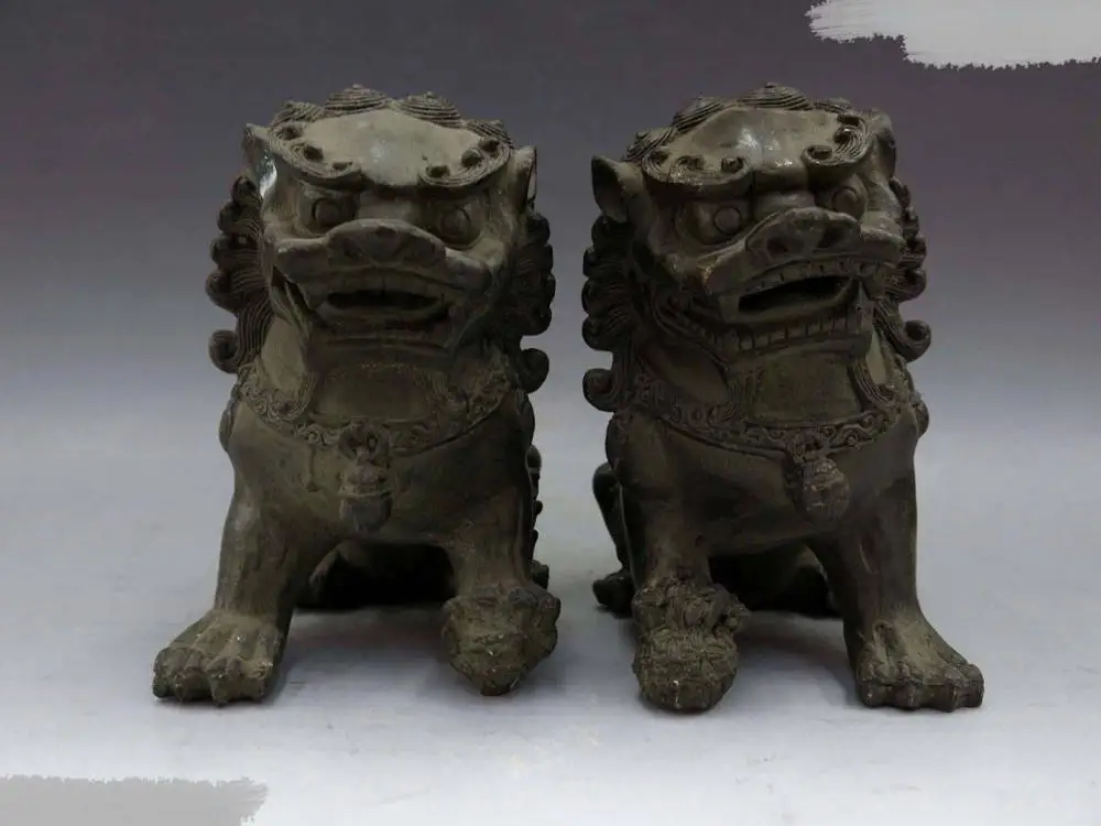 

DS DS China old branze copper fine Loyalty Guard Foo Dogs Lion Pair Sculpture Statues