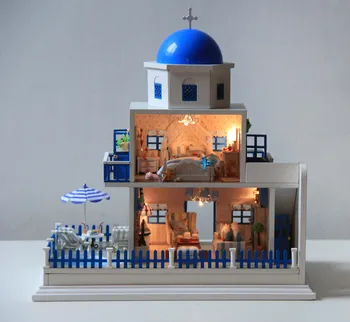 

DIY Romantic Santorini Island Villa Dollhouse Wooden Handmade Miniature Assembling Castle Craft Xmas Furniture Gift Creative Toy