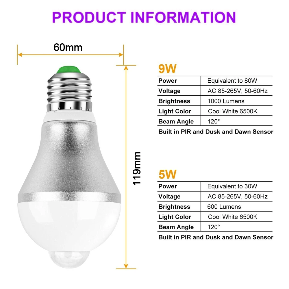 Светодиодный лампа с пассивным инфракрасным датчиком E27 5 ваттов 9 ваттов заката до рассвета лампочка дневной и ночной режимы со световым