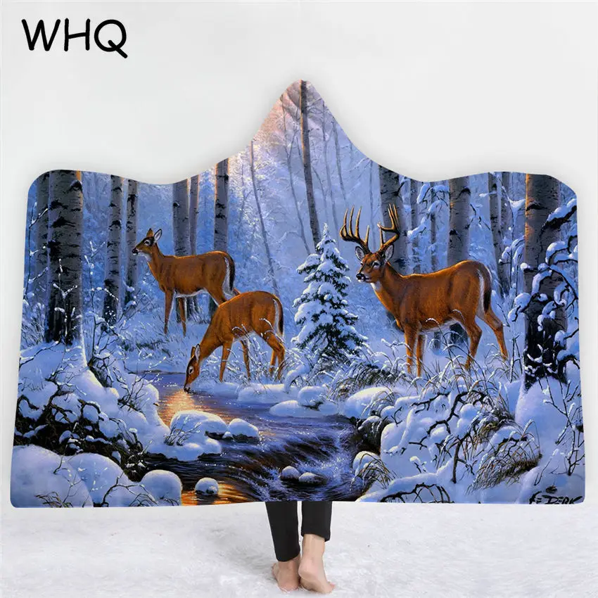 WHQ Wolf Elk Deer Hooded Blanket Animal Print Thick Wearable Blanket