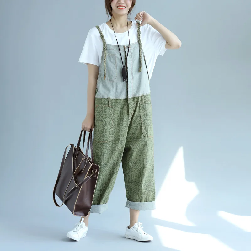 

SCUWLINEN 2019 Women Pants Stitching Denim Ankle-length Overalls W26