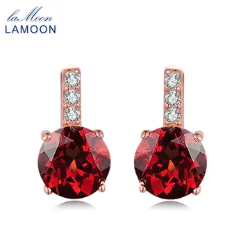 

Lamoon Fine Jewelry 925 Sterling Silver Stud Earrings For Women Trendy 2ct Natural Red Garnet Round Gemstone Brincos EI031