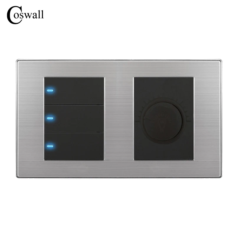 

Coswall 3 Gang 1 Way Luxury LED Light Switch On / Off Wall Switch With Dimmer Regulator Stainless Steel Panel 160mm*86mm