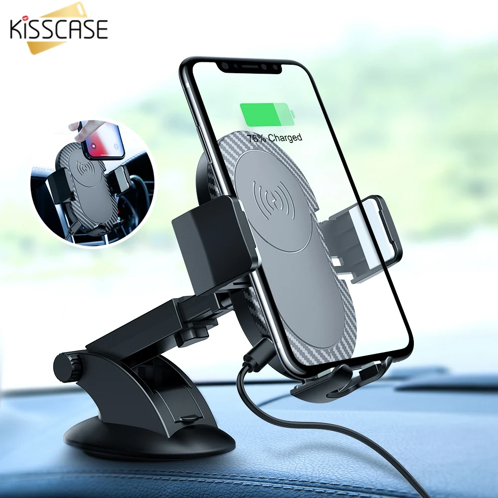KISSCASE 2 in1 10W Qi Wireless Car Charger For iPhone XS X XR Max Quick Wireless Charging Charger Car Mount Mobile Phone Holder