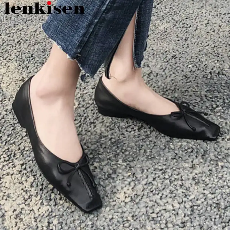 

Lenkisen hand-sewn leather full grain leather bowtie ballet shoes slip on plus size grandma shoes square toe fairy loafers L70