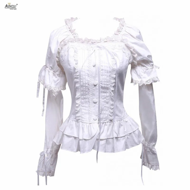 Ainclu Женская белая кружевная Кружевная блуза с квадратным вырезом и длинными рукавами из хлопка в стиле Лолиты XS-XXL для дня рождения/вечерние - Цвет: Белый