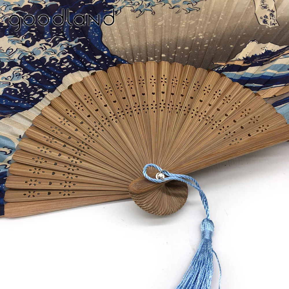 1pcs Japanese Real Silk Fan Mount Fuji Kanagawa Waves Bamboo Elegant Pocket Folding Fan Portable Women Fans Craft