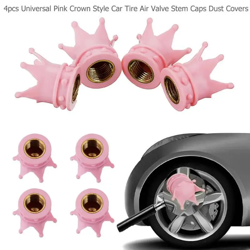 Universal 4pcs Pink Crown Style Car Tire Air Valve Stems Cover Caps Wheel Rims 