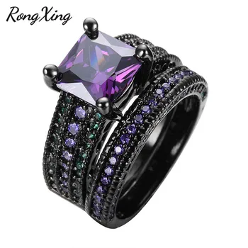 

RongXing Square Purple Zircon Ring Set For Women Wedding Gift Vintage Fashion Black Gold Filled Green CZ Engagement Rings RB0489