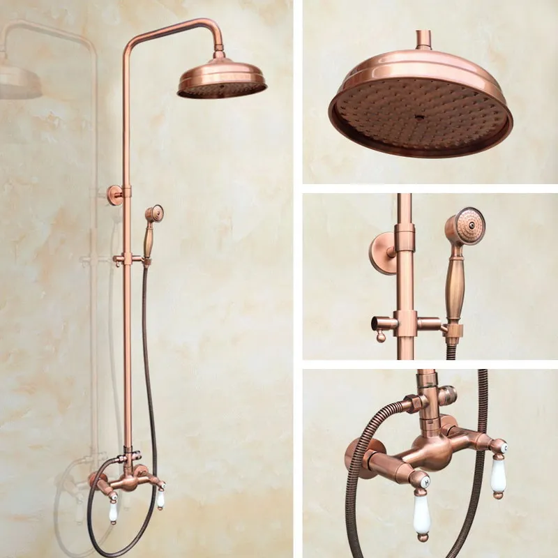 

Antique Red Copper Two Ceramic Handles Wall Mounted Bathroom Rain Rainfall Shower Handshower Faucet Set Mixer Tap arg581