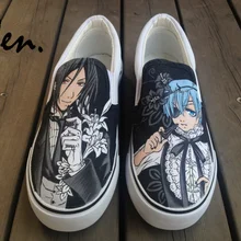 Вэнь дизайн пользовательские черный дворецкий аниме ручная роспись обувь без застежки низкий плоский мужские женские парусиновые кроссовки без бретелек ленивые плимсоллы