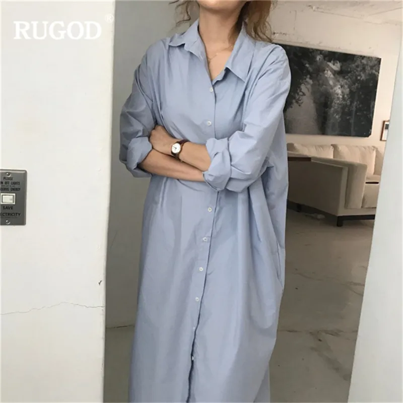 Женское Повседневное платье рубашка RUGOD однотонное длинное офисное в Корейском