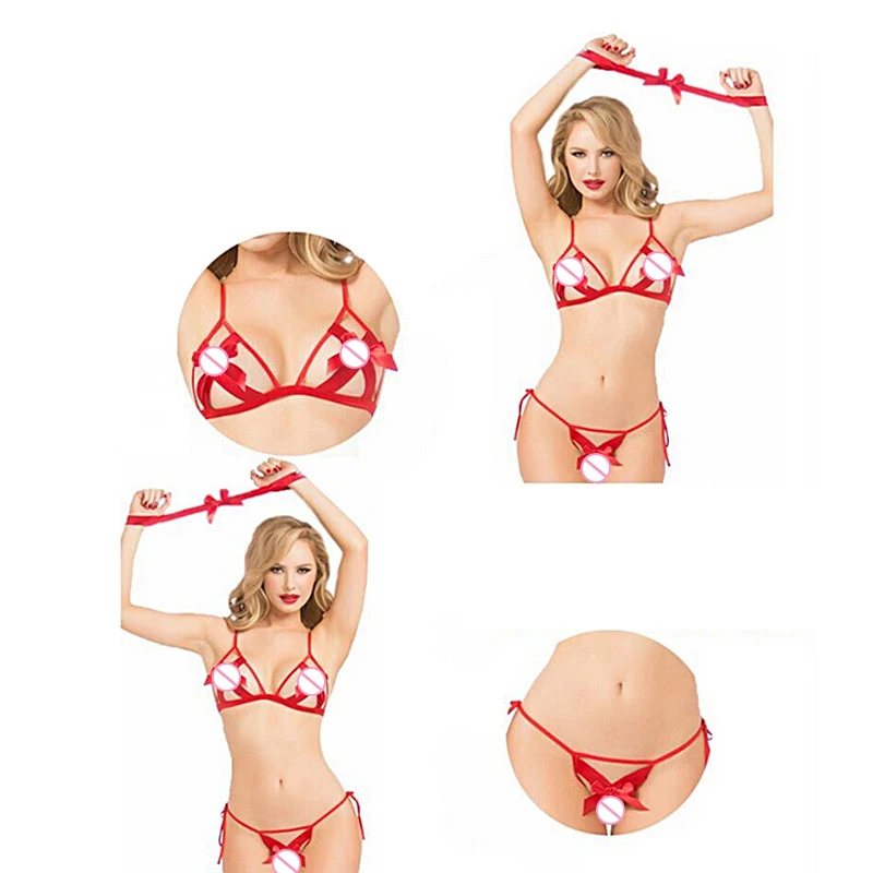 

2017 Hot Sale Women's Erotic Lingerie Sexy Bowknot Hollow Bra Open Bust Baby Doll Camisola + Strap G-String+Handcuffs Temptation