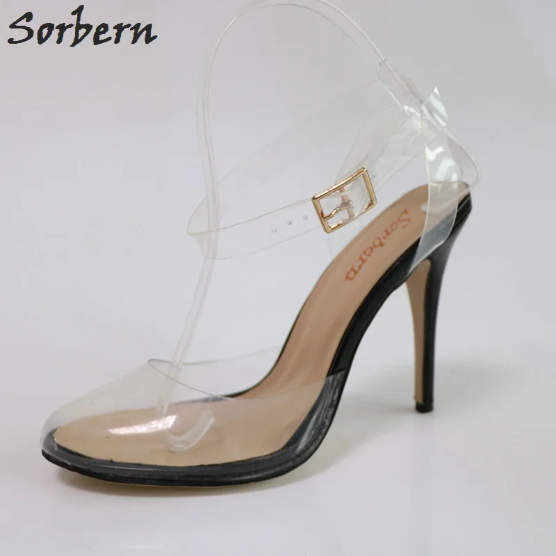 Sorbern Black Cute Red Toe See Through Pvc Women Pumps Ankle Strap Open Heels Stilettos Super High Heel Shoes Women 2018 New cute stand collar see through parrots pattern tankini set for women