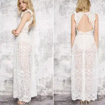 

Fashion Sexy Womens V-Neck Lace Solid Backless Tunic Mesh Sleeveless Party Evening Slim Fit Long Full Length Dress