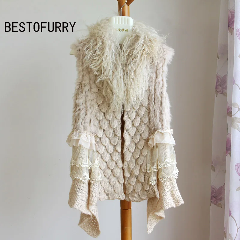 

Women Real Rabbit Fur Knitted Vest Gilet Mongolian Fur Collar FRAV0003
