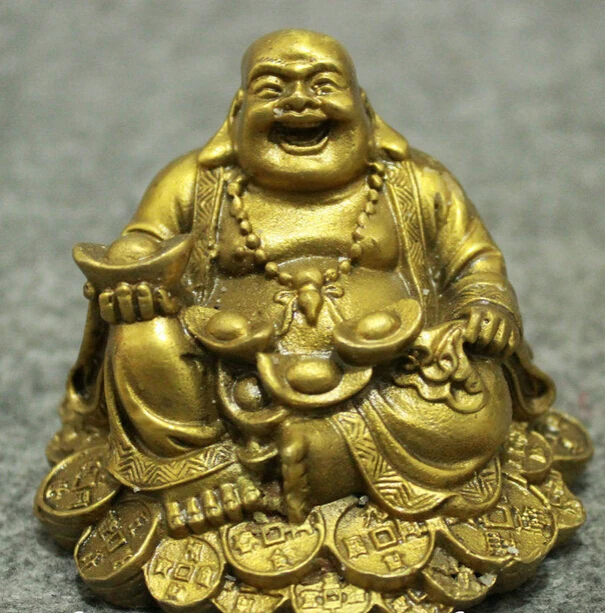 

zhaomeirui16++Chinese Brass Buddhism Wealth Coin YuanBao Happy Laughing Maitreya Buddha Statue