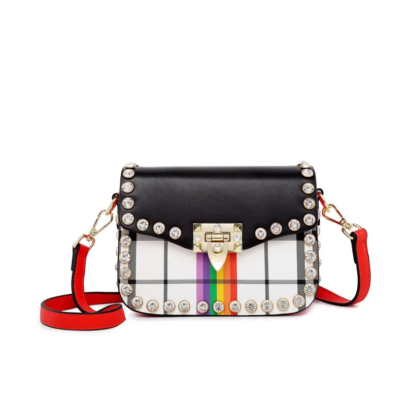 

2018 fashion new rainbow checkered bag diamond studded small square bag wide shoulder strap wild shoulder diagonal package